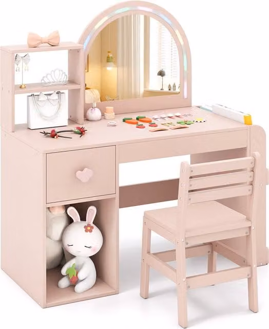 Costway Pink Girls Vanity Table Set with Hollywood LED Lighting and MDF Construction
