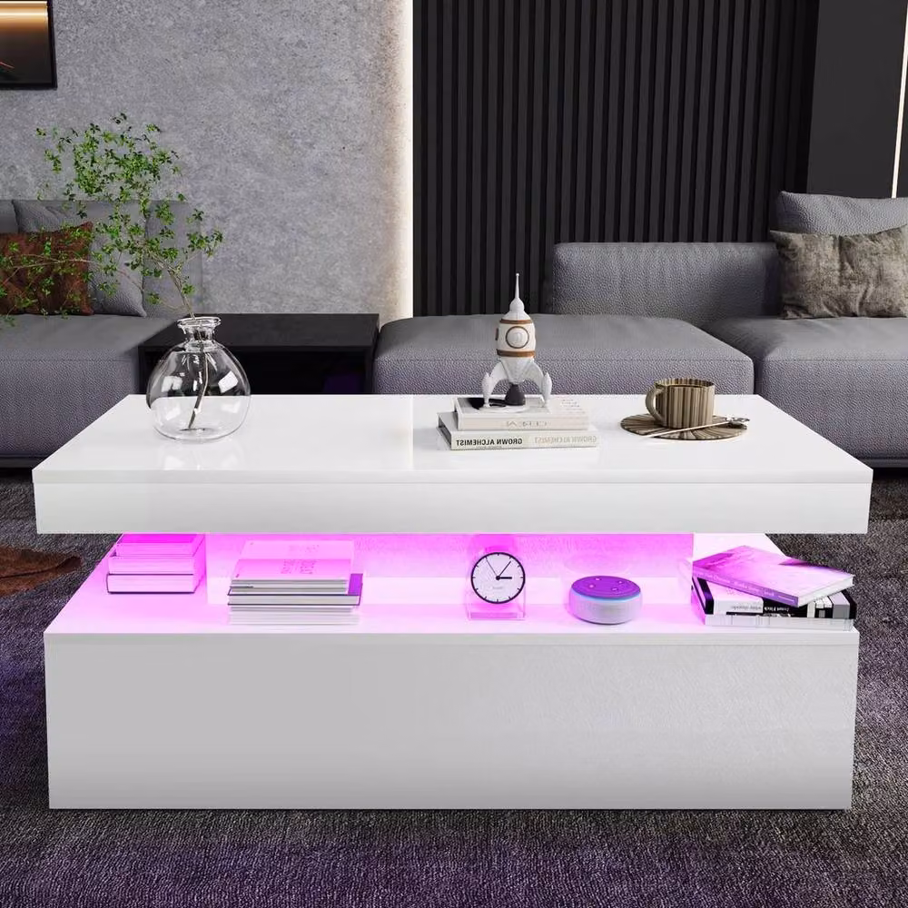 FLAVORA High Gloss LED Coffee Table with 2 Drawer Storage in White, W/D/H: 100 x 100 x 100 cm – 3
