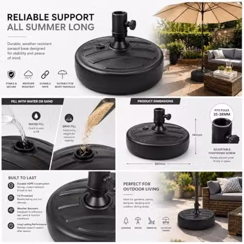 SHATCHI Black Plastic Fillable Parasol Base Stand for Garden Umbrellas – 10