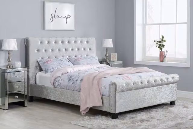 Birlea Sienna Upholstered King Size Bed in Silver Crushed Velvet with Lift Up Base