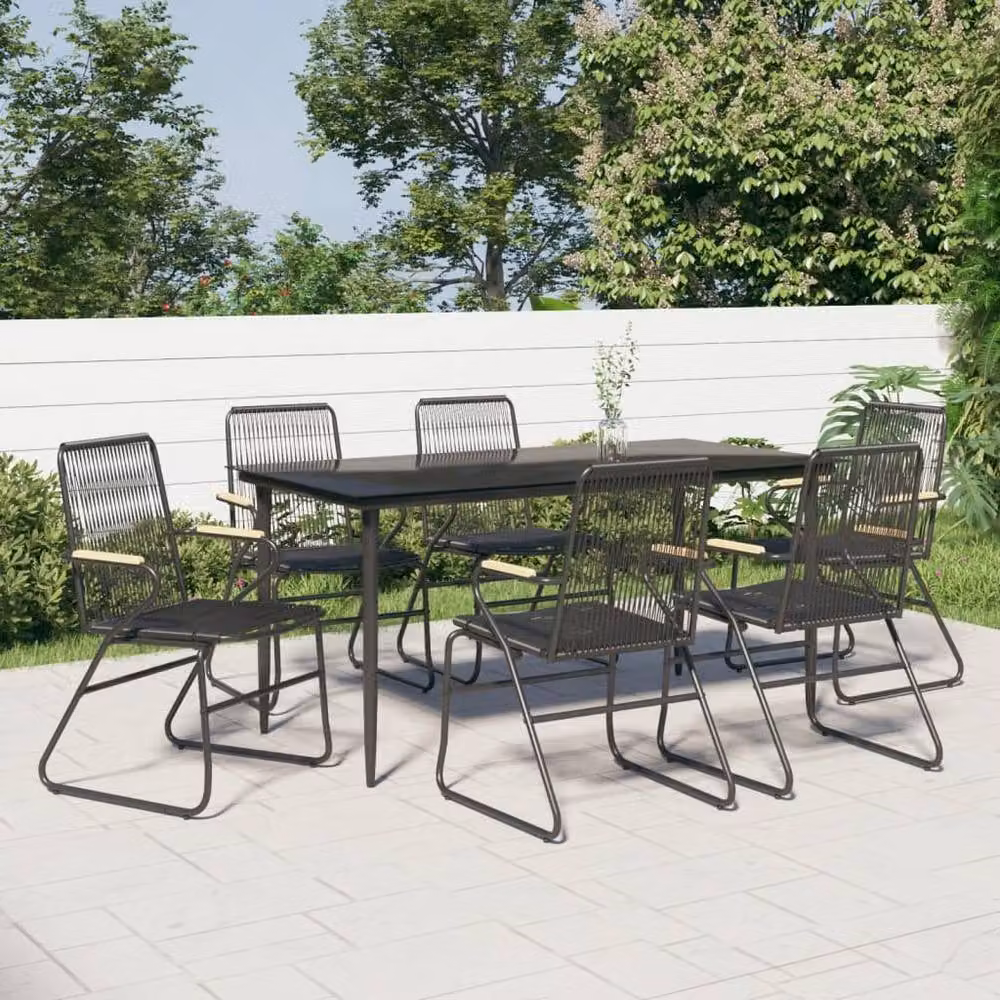 Berkfield Home 7 Piece Black PVC Rattan Garden Dining Set with Glass Top – 2