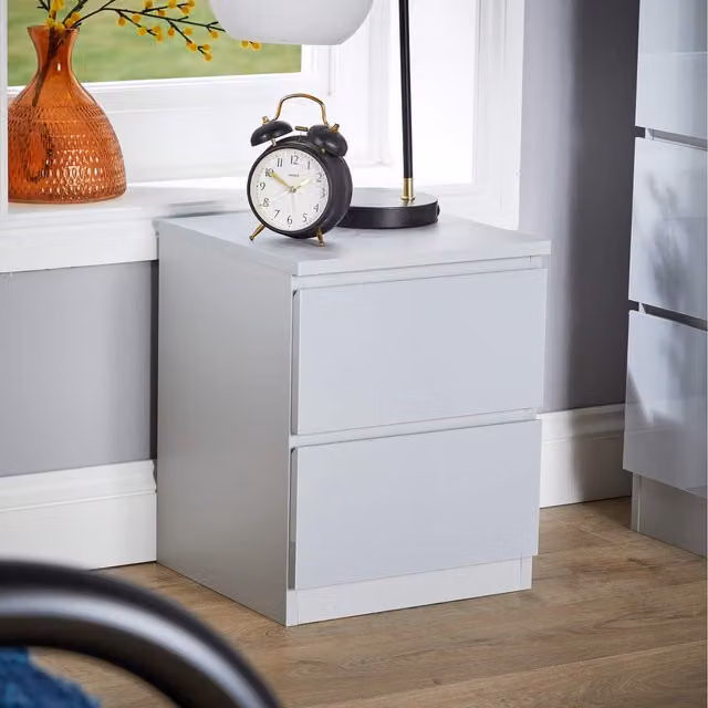 Home Source Lugano 2 Drawer Bedside Cabinet with High Gloss Drawer Fronts in Grey