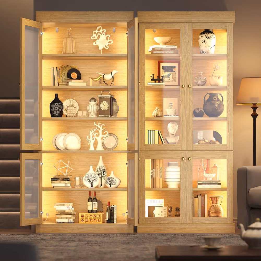 BTM Modern LED Display Cabinet with Glass Doors and Internal Shelves, Brown, H 180 x W 80 x D 40 cm – 2