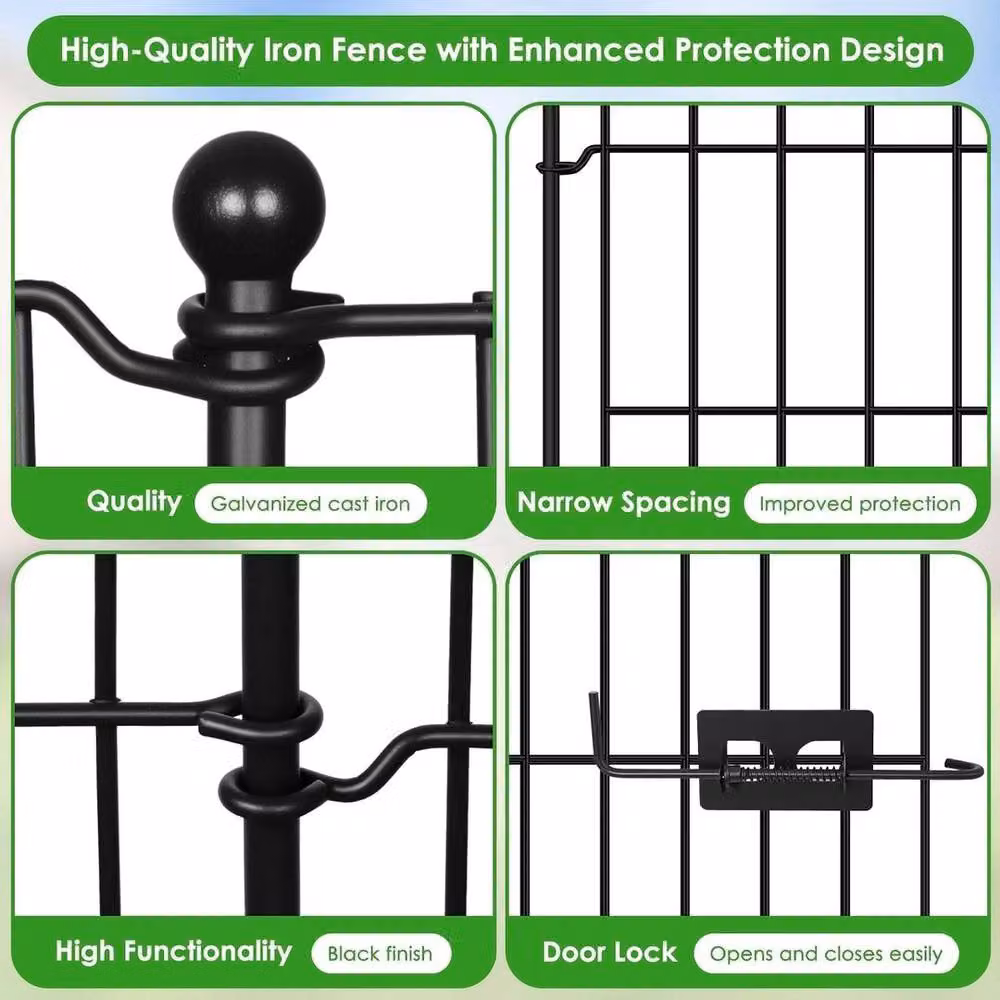 PAWNORA 4 Panel No Dig Metal Garden Fence with Gate in Black, H: 81 cm x W: 71 cm – 4