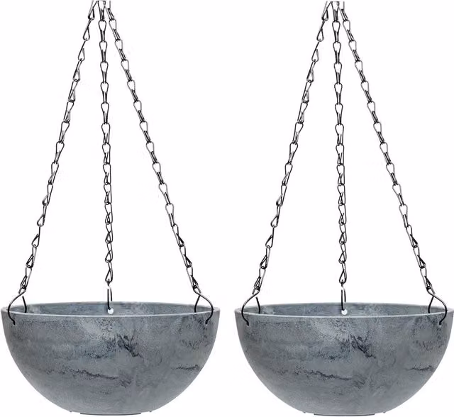 Garden Gear Marble Effect Hanging Basket Planter, Grey, Diameter: 25 cm (Pack of 2)