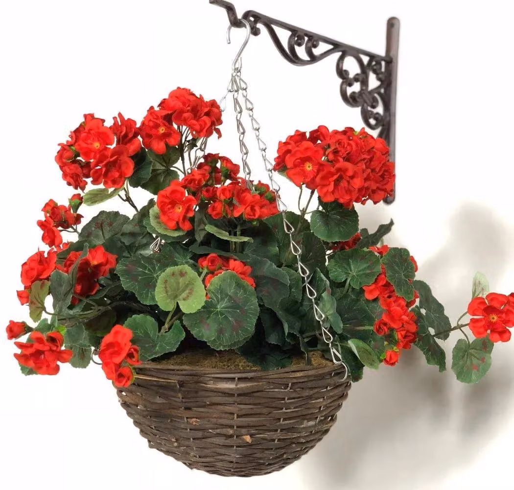 Primrose Pair of Large Red Artificial Geranium Flowers in Rattan Hanging Baskets, Diameter: 30 cm – 2