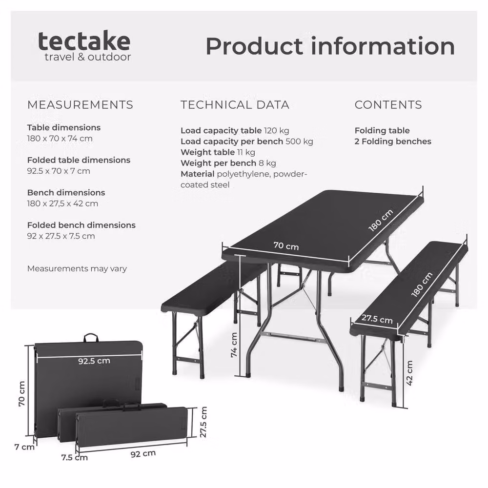 tectake Panja Foldable Camping Table Set in Dark Grey, Weatherproof Rectangular Garden Table for 8 Adults – 5
