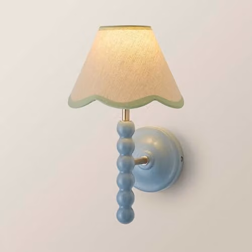 ValueLights Bobbins Powder Blue Bobble Wall Light with Green Fabric Shade and Wood Details – 1