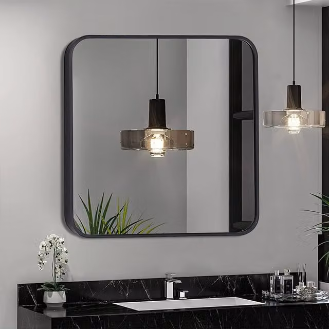 Livingandhome Modern Square Wall Bathroom Mirror with Rounded Corners in Black, 70 x 70 x 70 cm