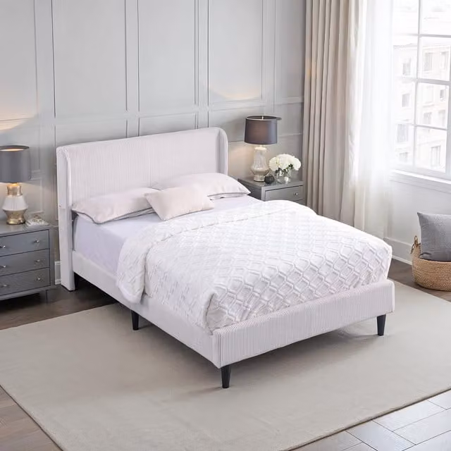 SlumberWorx Dereham Cord Fabric Winged Bed Frame in White, 140 x 200 cm