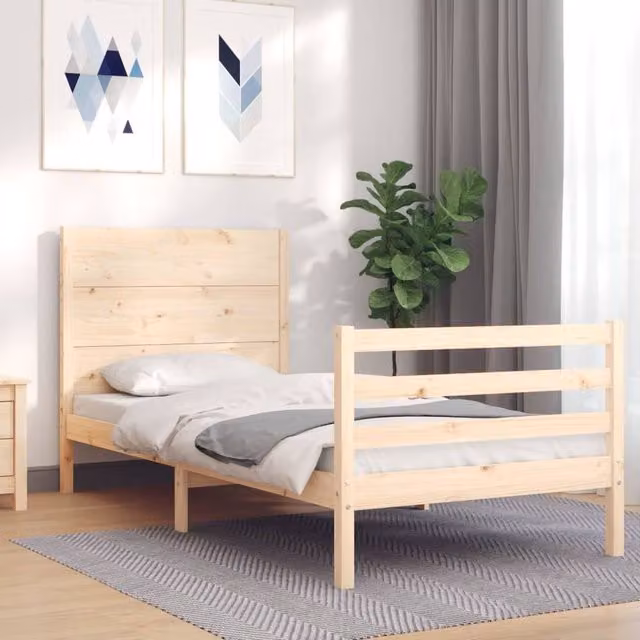Berkfield Home Beautiful Single Solid Wood Bed Frame with Headboard in Natural Pine, 90 x 190 cm