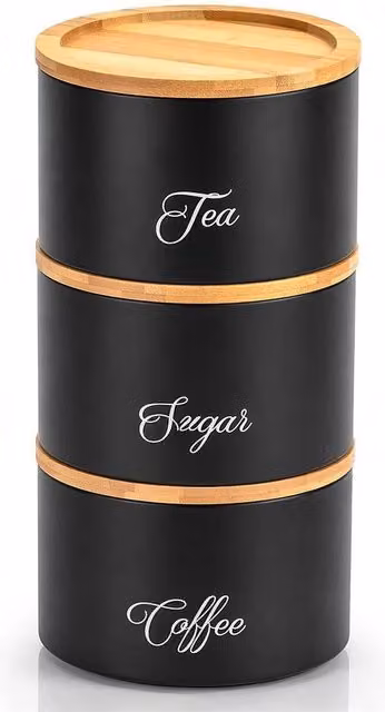 SPETLEK Stackable Airtight Tea, Coffee and Sugar Canisters with Bamboo Lids, Black