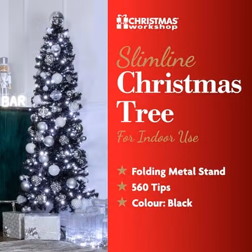 The Christmas Workshop 6ft Slimline Black Artificial Christmas Tree with Metal Stand – 7