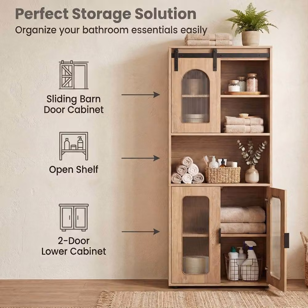 VOGREX Farmhouse Bathroom Cabinet with Sliding Barn Doors and Open Shelving in Natural Brown, Width: 150 cm – 3
