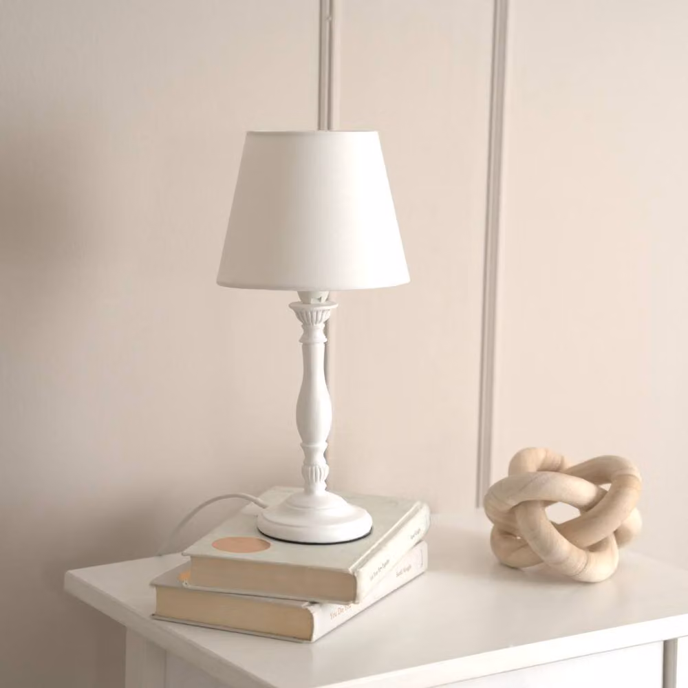 ValueLights Sara White Wood Candlestick Table Lamp with Tapered Fabric Shade – 3