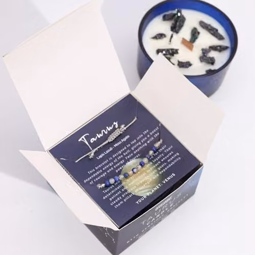Serenityy aurus Zodiac Crystal Candle with Lapis Lazuli and Moss Agate Bracelet in Navy – 2