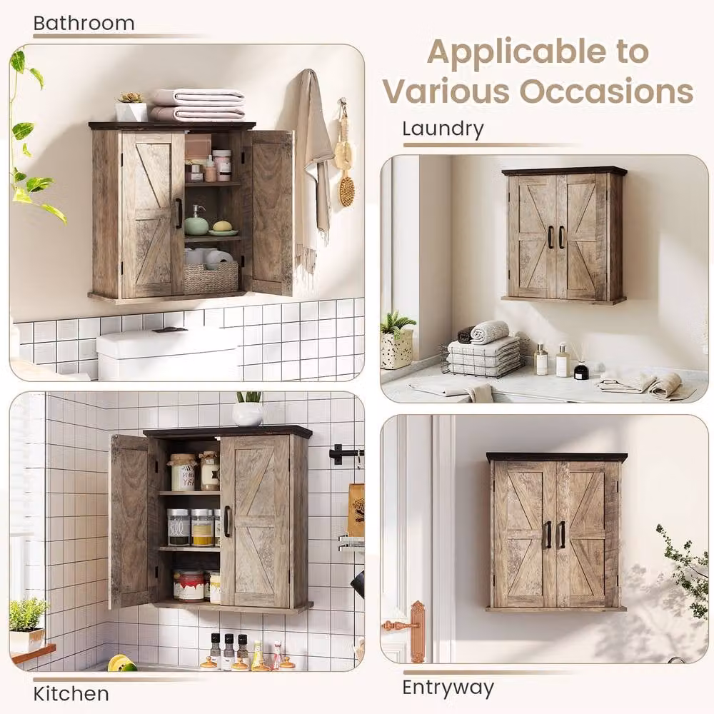 Costway Grey Farmhouse Wall Mounted Bathroom and Kitchen Cabinet with 2 Hinged Doors and Internal Shelves – 8