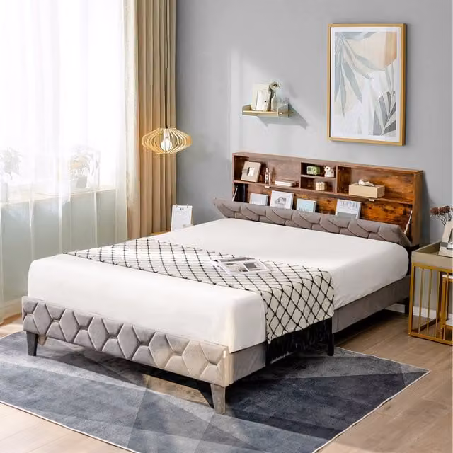 Costway King Size Upholstered Platform Bed with Lift Up Base in Grey Velvet Fabric, W/D/H: 180 x 200 cm