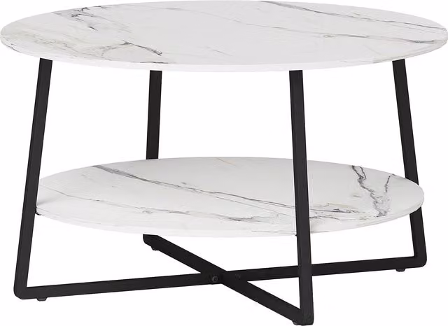 HOMCOM 2-Tier Round Coffee Table with Marble Effect Top and Storage Shelf in White