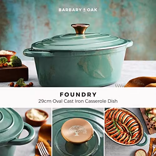 Barbary & Oak Oval Cast Iron Casserole Dish with Enamel Interior, Green, 29 cm – 2