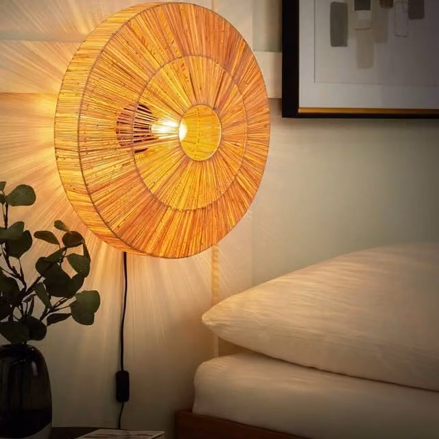 Wyld and Coco Wall Lamp with Handwoven Rattan Shade and Black Metal Base in Beige and Black