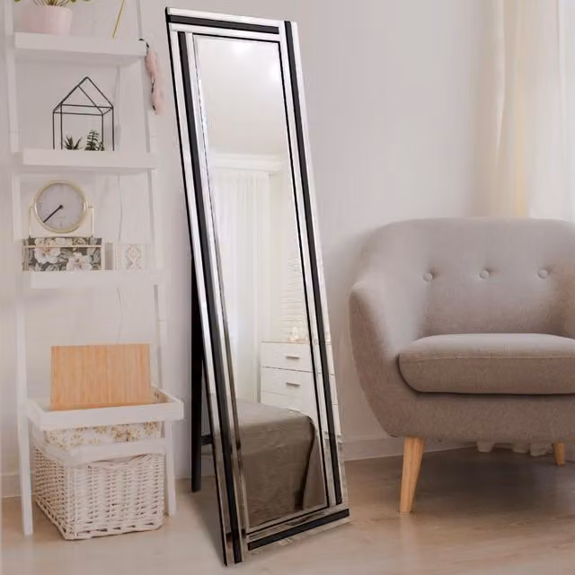 MirrorOutlet Triple Bevel Large Venetian Cheval Mirror in Black and Silver, W/H: 150 x 40 cm – 1