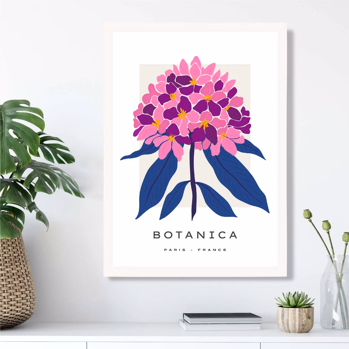 ARTZE Pink and Blue Hydrangea Flower Market Gallery Framed Botanical Illustration Print in Mid Blue with White Frame – 2
