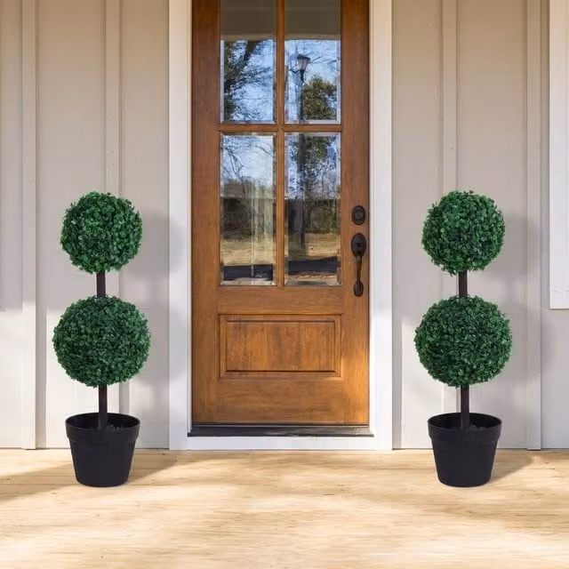 STILVORA Set of 2 Green Artificial Tabletop Topiary Trees in Round Concrete Pots – 1