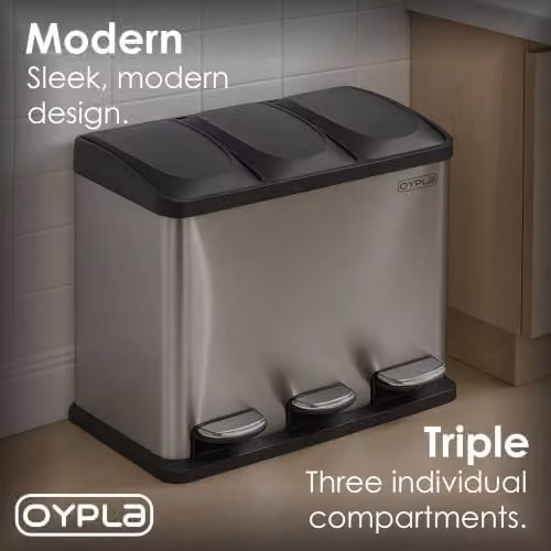 Oypla 45L Stainless Steel Triple Compartment Recycling Pedal Bin in Silver – 6