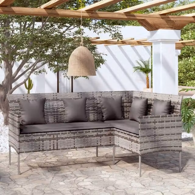 Berkfield Home L-shaped Poly Rattan Sofa with Cushions in Grey