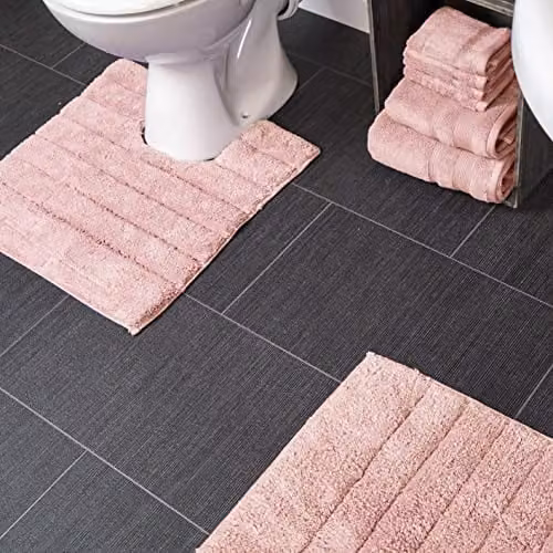 Allure Bath Fashions 2 Piece Ribbed Cotton Bath and Pedestal Toilet Mat Set in Pink – 2