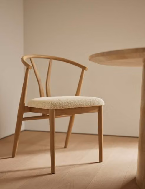 Gallery Direct Set of 2 Scandinavian Oak Dining Chairs with Beige Bouclé Upholstery and Armrests