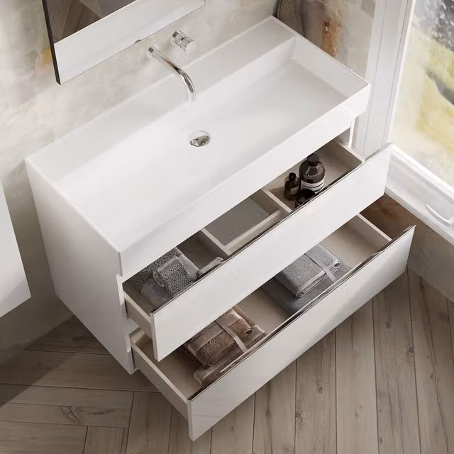 Banyetti Vatilla 1000mm Wall Hung Vanity Unit with Veneto No Tap Hole Basin, Gloss White (W: 100 cm, D: 45 cm, H: 59 cm)