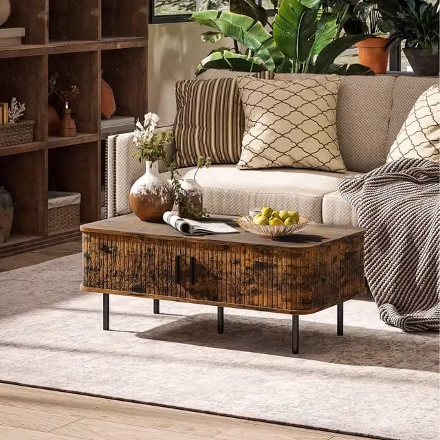 HOMCOM Mid-Century Coffee Table with Storage and Sliding Doors in Brown and Black