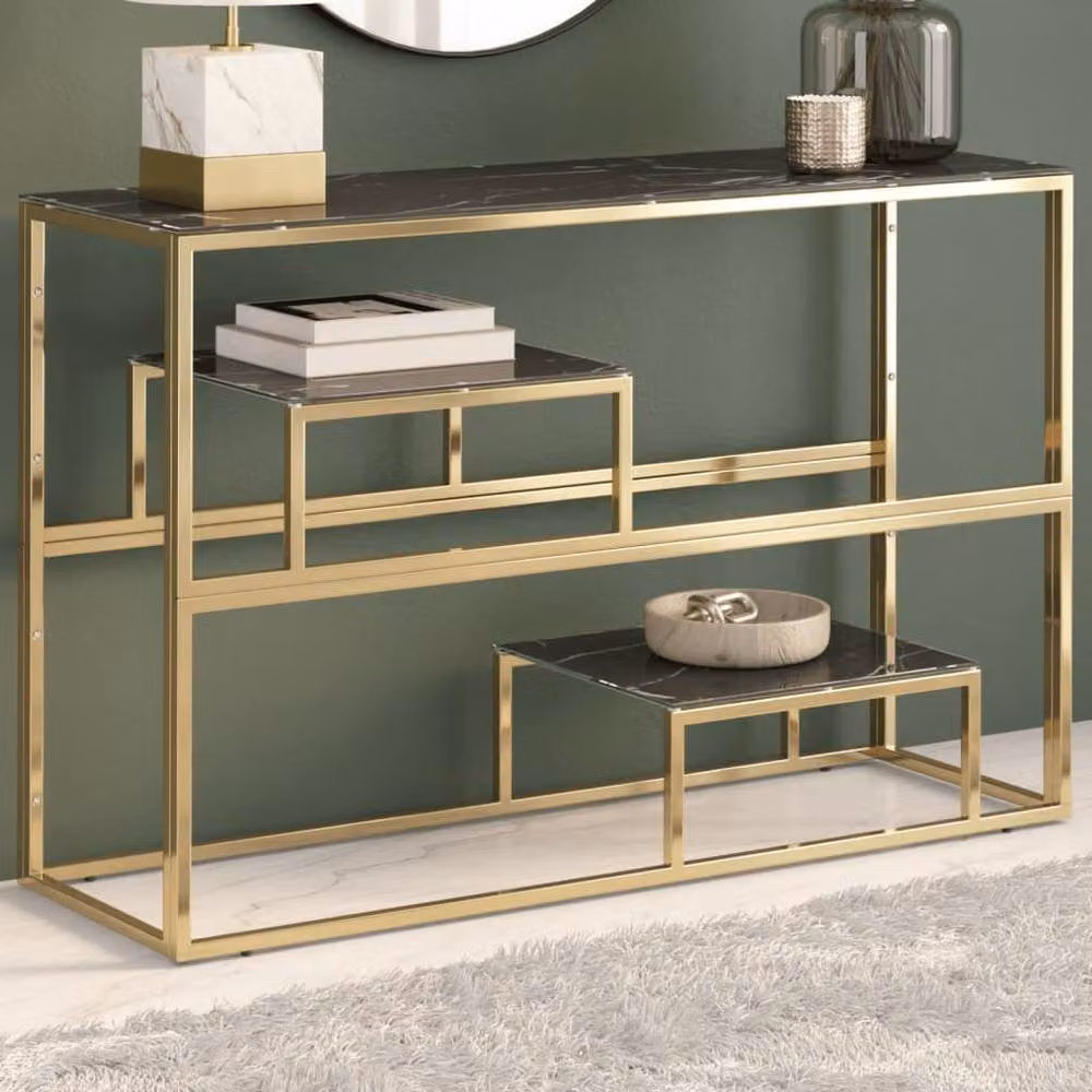 Berkfield Home Modern Rectangular Console Table in Gold and Black with Stainless Steel and Tempered Glass – 1
