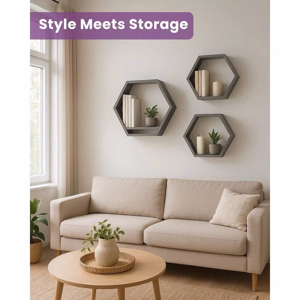 FORGEVIO Grey Hexagonal Floating Wall Shelves, Set of 3 – 2