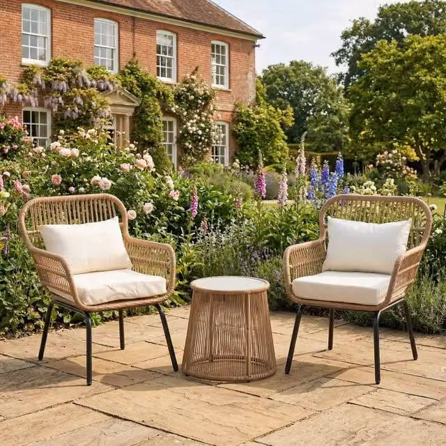 Rosewood & Stone Home Stourhead 3 Piece Patio Set in Beige and Natural Sheesham Wood