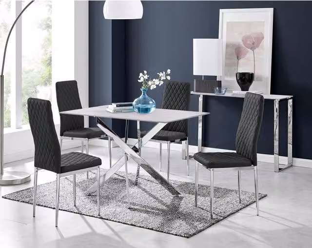 Furniturebox UK Leonardo White Glass Marble Effect Table with 4 Black Milan Chairs and Silver Legs