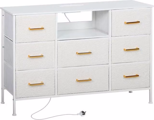 KORVIXA 8 Drawer Boucle Fabric Dresser with 2 USB and 2 AC Ports in White W/D/H: 100 x 100 x 100 cm