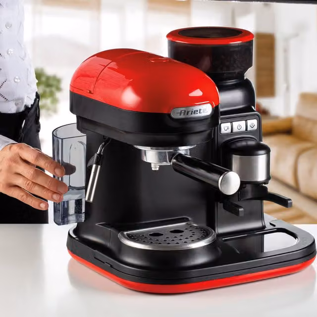 Arietes Red Countertop Espresso Coffee Maker with Steam Wand