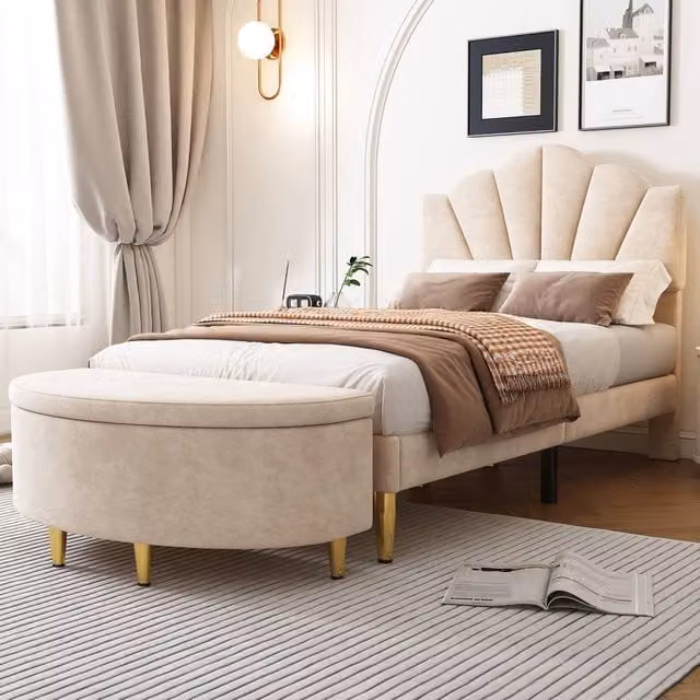ModernLuxe Kids Single Velvet Bed with Storage Bench and Slatted Frame, Beige, W/D/H: 90 x 190 x 42 cm – 1