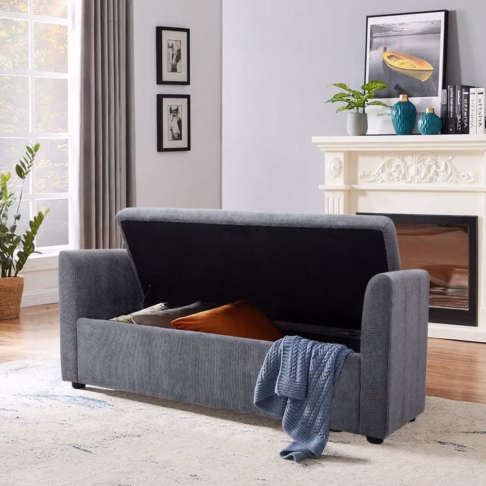 NESTLUNE Grey Fabric Storage Ottoman Bench with Lid and Armrests, W: 100 cm, H: 15 cm – 4