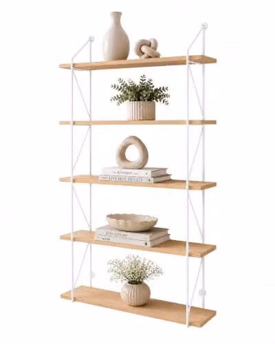 Spot On Dealz 5 Tier Modern White Floating Wall Mounted Shelving Unit with Oak MDF and Metal Frame – 1