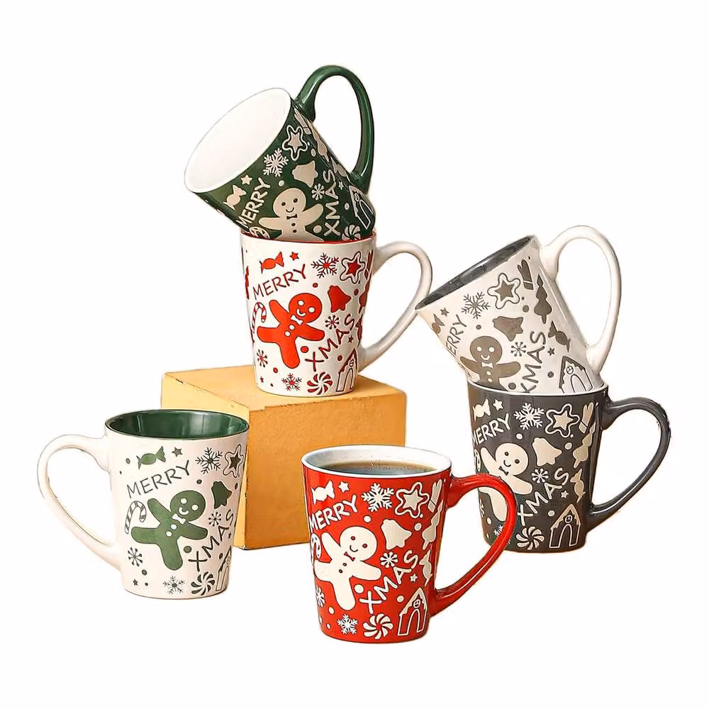 Simpa 6-Piece Christmas Gingerbread Man Stoneware Mug Set, 350ml, Red, White, Green and Grey – 2
