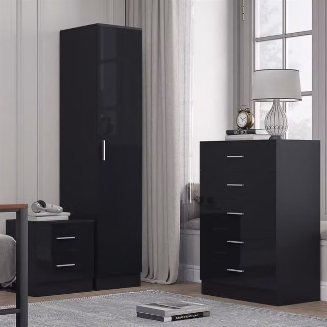 Reflect Modern Bedroom Furniture Set in Black Gloss and Black Oak Finish including 1 Door Wardrobe, 5 Drawer Chest and 2 Drawer Bedside Table – 1