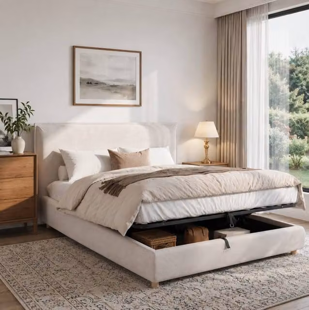 STILVORA Super King Ottoman Bed with Storage in Beige Velvet, W/D/H: 180 x 200 cm