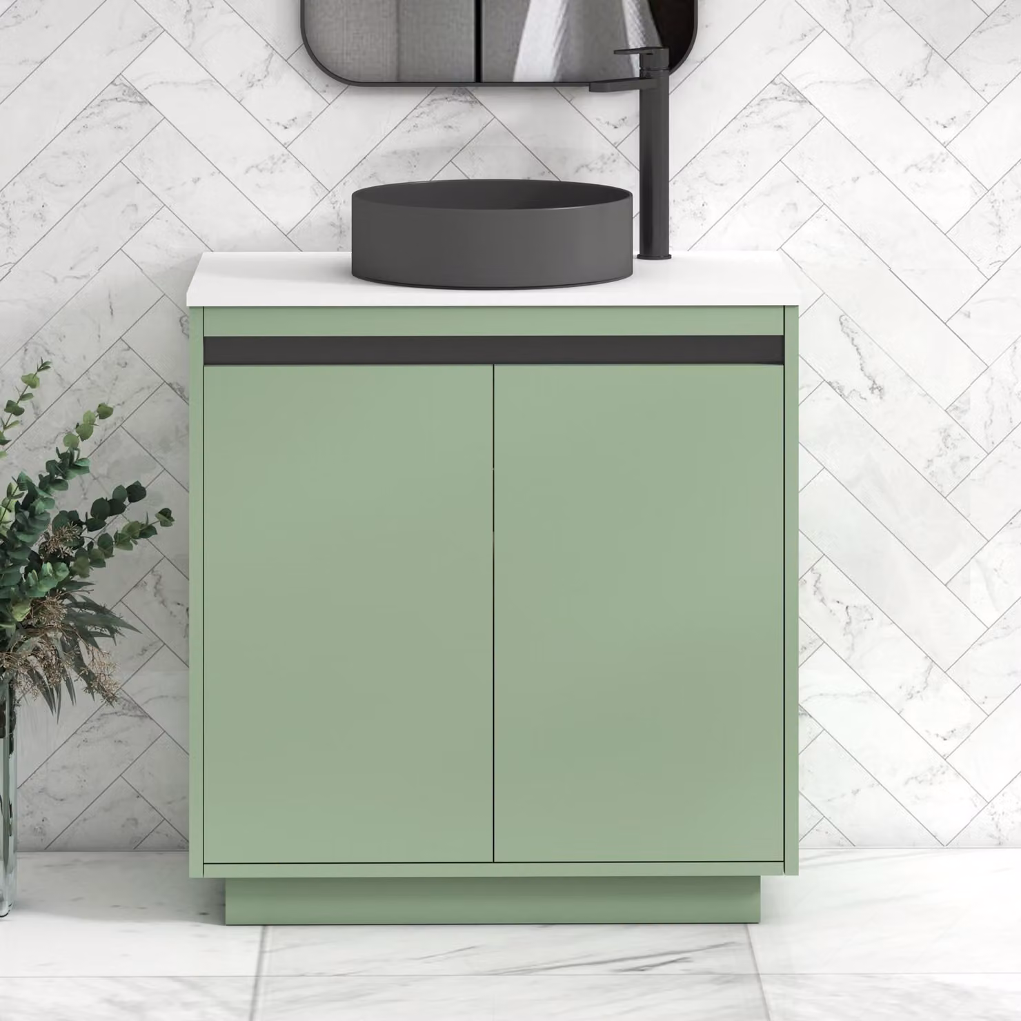 Royal Bathrooms Orion 800mm Mint Sage Floor Standing 2 Door Vanity Unit with Art Round Basin and Black Accent Trim