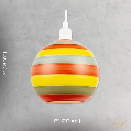 Happy Homewares Multicolour Striped Glass Sphere Pendant Lamp Shade in Red, Yellow and Grey with Retro Character, W/D/H: 20 x 20 x 18 cm – 3