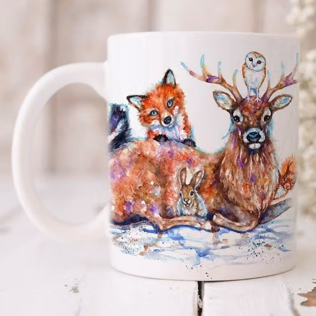 BebesArts Woodland Animals Watercolour Art Mug in Brown and White