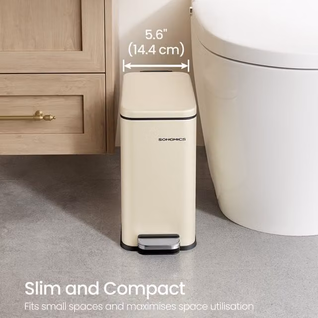SONGMICS Slim Pedal Bathroom Bin with Soft Close Lid and Removable Inner Bucket, Beige